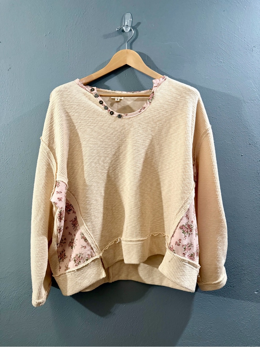 POL Cream Waffle-Knit Pullover with Pink Floral Accents